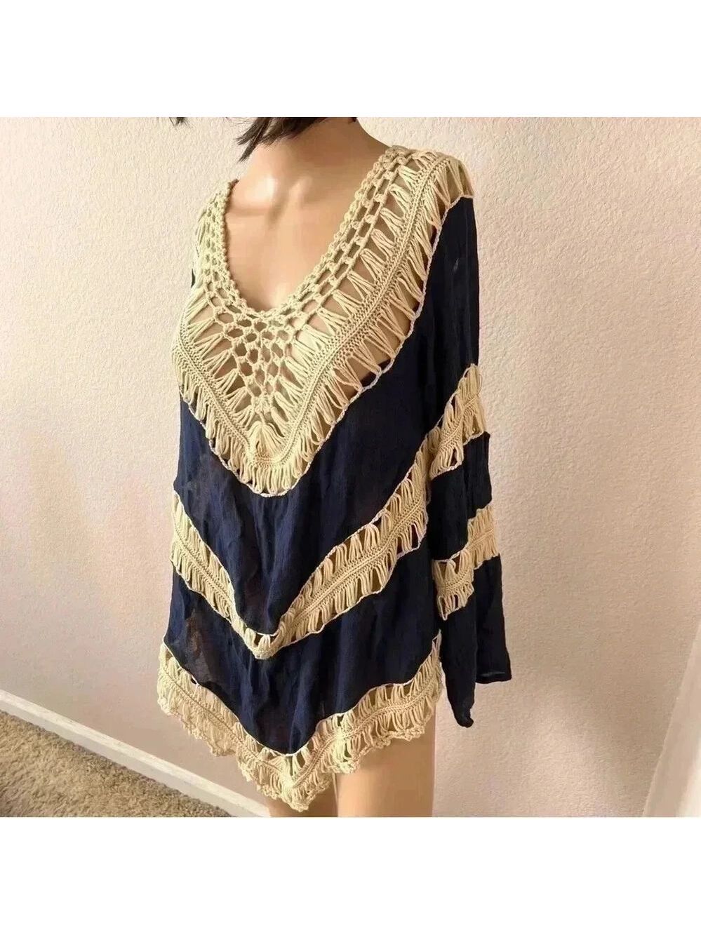 Umgee Long Sleeve Boho Crochet Sheer Top Navy Blue Size L Bohemian - Picture 5 of 14